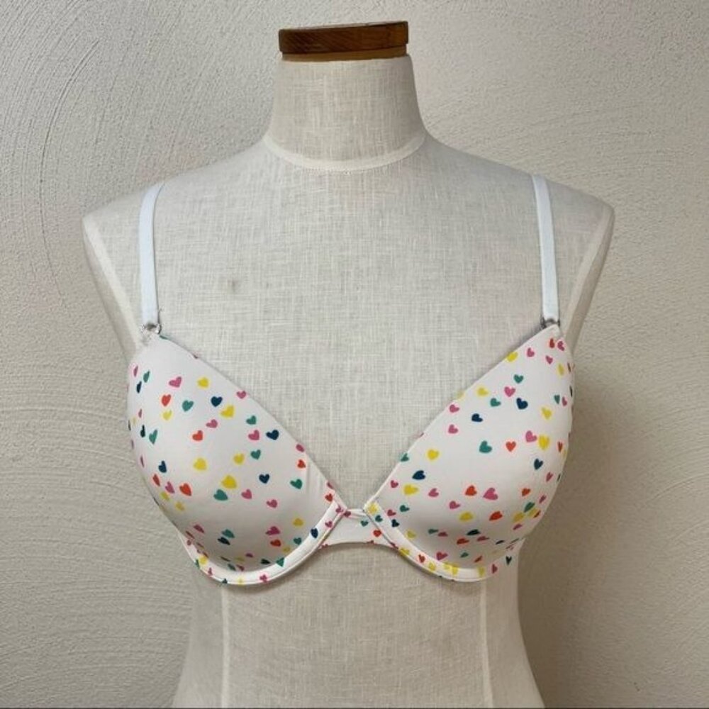 Victoria’s Secret PINK T-Shirt Demi Bra White with Multi-Colored Hearts Sz 36D